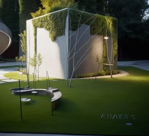 the exterior of the art museum features modern grass beds and sculpture,mirror house,artificial grass,cubic house,garden sculpture,futuristic art museum,quadriennale,Photography,General,Sci-Fi