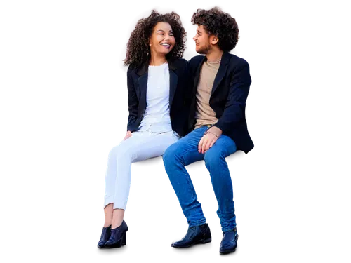 Man, woman, couple, sitting, facing each other, holding hands, gentle smile, soft facial expression, casual clothing, blue jeans, white shirt, black blazer, long curly brown hair, short neat beard, be