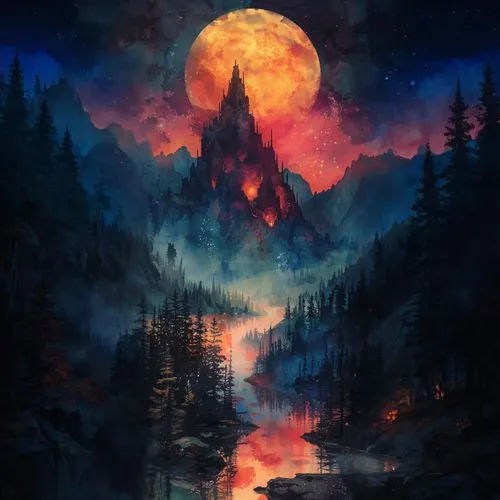 A digital painting of an ominous castle atop the mountains, bathed in red and blue hues under a large orange moon, surrounded by dense forests with small rivers flowing through them. The sky is filled