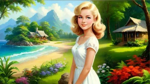 Romantic masterpiece oil painting, cute girl portrait, nostalgic 1950's style kitsch, vibrant rainforest bungalow landscape, lush tropical jungle paradise, summer beach scenery, by Thomas Kinkade, by 