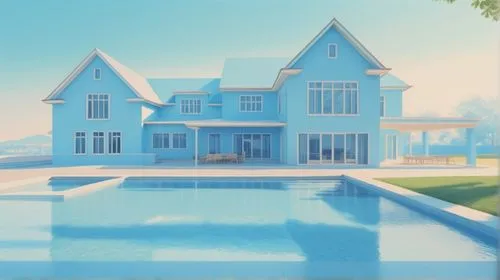 silhouette of building design drawings, light blue colour, sketch style, done in SP+A style Architecture


,the large blue house has a pool in front of it,dreamhouse,pool house,beach house,house by th