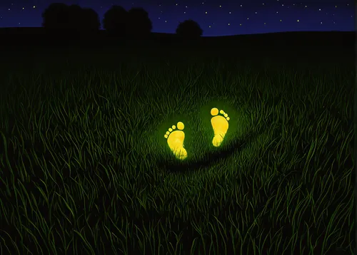 Create a mysterious story about a glowing baby footprint at midnight.,fireflies,firefly,grass family,footsteps,neon ghosts,glow in the dark paint,children's feet,buttercups,yellow grass,trembling gras