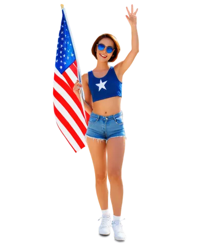 American Independence Day, July 4th celebration, outdoor party, female character, solo, (20yo), smiling face, waving American flag, red white blue costume, short hair, sunglasses, casual denim shorts,