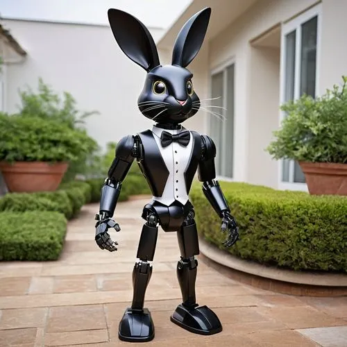 male anthropomorphic black rabbit, black robot rabbit made of black plastic, robot rabbit butler, bowtie, silver platter, plastic exterior, plastic head, plastic face, plastic body, plastic mechanisms