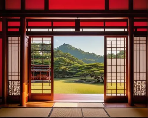 Iwan architecture, ancient Japanese temple, majestic entrance gate, intricately carved wooden doors, serene stone lanterns, vibrant vermilion red walls, curved tile roofs, delicate shoji screens, slid