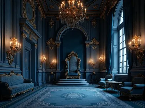 Dark blue-gray Prussian Blue color scheme, ornate Baroque architecture, grandiose palace interior, intricate gold leaf patterns, majestic chandeliers, luxurious velvet drapes, regal throne, Renaissanc