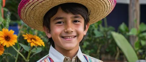 Quico hat, traditional Mexican sombrero, wide brim, colorful stripes, woven from straw or fabric, decorated with sequins or embroidery, worn by a young boy, Shota, smiling face, bright eyes, messy bro