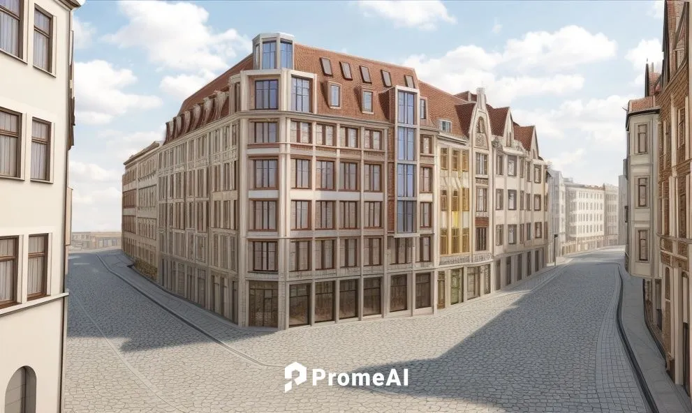 A realistic rendering of a buioling in an european city. The weather is nice an the light is smooth.,speicherstadt,townhouses,freiburg,gdańsk,nikolaiviertel,luneburg,magdeburg,kontorhausviertel,kirrar