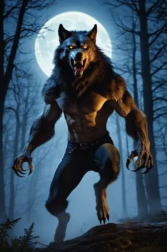 brown werewolf, full moon, dark forest, misty atmosphere, glowing yellow eyes, sharp claws, muscular physique, furry chest, ripped jeans, black leather jacket, howling, jumping, night scene, cinematic