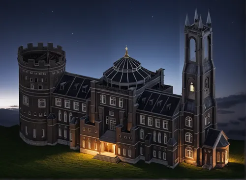 The building is abandoned. The exterior walls are black. It is night.,turrets,fairy tale castle,haunted cathedral,hogwarts,castle of the corvin,gold castle,ghost castle,haunted castle,gothic architect