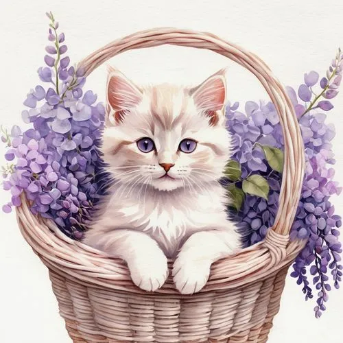 flowers in basket,flower basket,blossom kitten,flower cat,hanging basket,basket with flowers,watercolor cat,flower girl basket,easter basket,turkish angora,wicker basket,cute cat,white cat,peaches in the basket,birman,gift basket,tea party cat,kitten,springtime background,basket wicker,Illustration,Abstract Fantasy,Abstract Fantasy 02