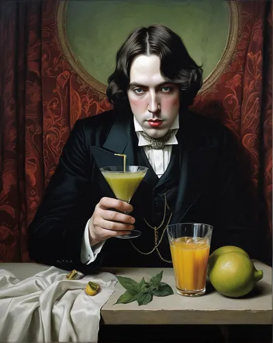 bellini,absinthe,robert harbeck,self-portrait,connoisseur,aristocrat,apéritif,meticulous painting,a drink,xix century,sebastian pether,french 75,cointreau,crème de menthe,james sowerby,gothic portrait,napoleon iii style,drunkard,tom collins,harvey wallbanger,Conceptual Art,Daily,Daily 14