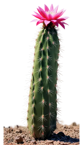 Prickly green cactus, multiple thick stems, white sharp spines, vibrant pink flowers, sandy soil base, morning sunlight, warm color tone, shallow depth of field, 3/4 composition, cinematic lighting.,t