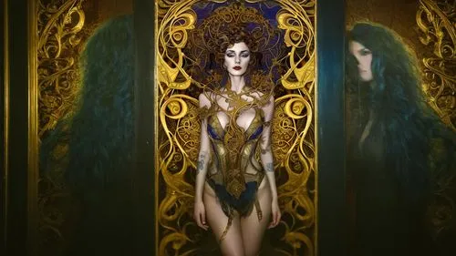 priestess,the enchantress,sorceress,mirror of souls,dryad,gothic portrait,rusalka,queen cage,fantasy art,queen of the night,fantasy portrait,magic mirror,masquerade,blue enchantress,artemisia,dark elf,art nouveau,throne,gorgon,fantasy woman