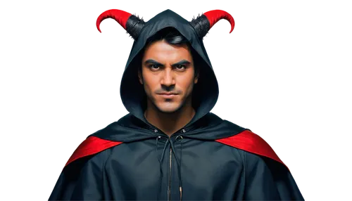 Dark skinned male, evil smile, sharp teeth, menacing eyes, black horns, spiky black hair, black cape, red lining, dramatic lighting, intense gaze, low angle shot, ominous atmosphere, cinematic composi