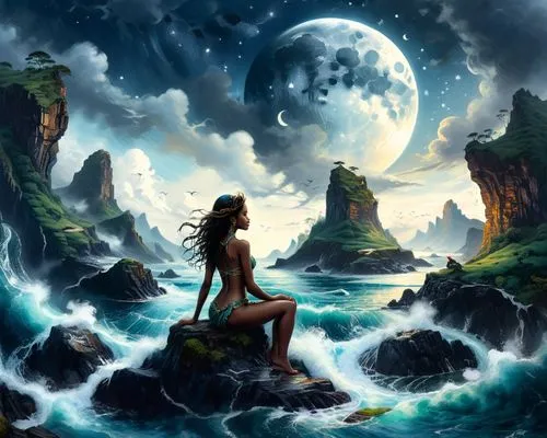 a beautiful woman sitting on top of a rock next to the ocean,fantasy picture,amphitrite,fantasy art,mermaid background,dreamscapes,dreamscape,Illustration,Realistic Fantasy,Realistic Fantasy 25