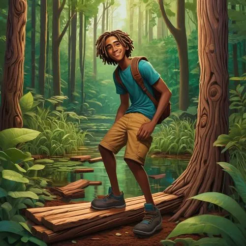 hiker,woodcutter,forest man,trailblazing,forest walk,Illustration,Realistic Fantasy,Realistic Fantasy 45