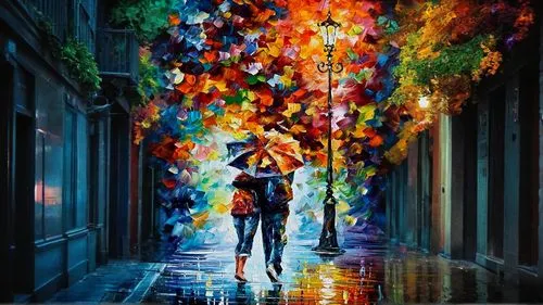 the same style of colors image,oil painting on canvas,walking in the rain,umbrellas,man with umbrella,colorful life,art painting,colorful city,colorful light,oil painting,colorful heart,romantic scene