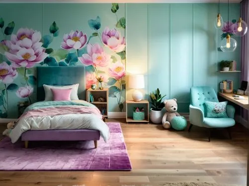 create an interior design rendering of children's bedroom with white oak flooring, mint green wallpaper on the wall behind bed and purple side tables. The walls have watercolor lotus flowers on them. 