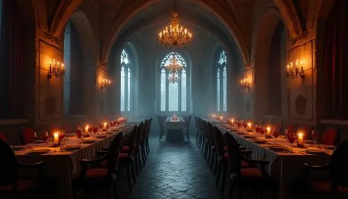 Gothic dining room, canyon-inspired interior, dimly lit, warm candlelight, dark wood furniture, velvet curtains, ornate chandeliers, stone walls with arched windows, grand high ceiling, lavish decorat