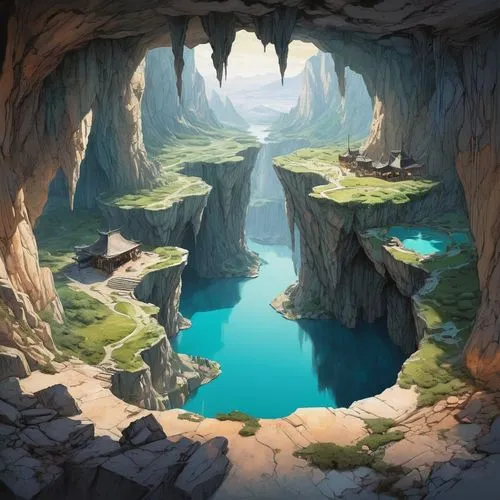 cave on the water,fantasy landscape,alfheim,caves,chasm,sea caves,blue caves,mountain spring,karst landscape,blue cave,canyon,cave,cavern,the blue caves,caverns,skylands,canyons,fjord,ravine,underwater oasis,Illustration,Paper based,Paper Based 07