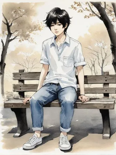 park bench,man on a bench,bench,outdoor bench,takato cherry blossoms,anime cartoon,anime japanese clothing,stone bench,detective conan,watercolor background,sits on away,benches,lonely child,child in park,wooden bench,photo painting,garden bench,sitting,main character,lonliness,Illustration,Paper based,Paper Based 30