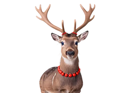 Reindeer, Christmas theme, solo, standing, antlers, brown fur, red nose, shiny eyes, festive collar with bells, snowy background, soft focus, warm lighting, 3/4 composition, shallow depth of field, vi