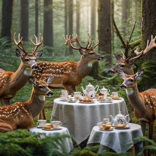 multiple deer having a tea party in the forest ,breakfast table,breakfast buffet,high tea,european deer,tea service,tea party,afternoon tea,forest animals,pere davids deer,romantic dinner,woodland ani