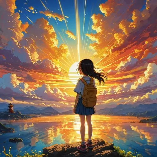 beautiful wallpaper,ghibli,studio ghibli,cielo,sky,dream world,hosoda,heavenward,bright sun,world digital painting,little girl in wind,summer sky,dream art,dreamscape,sunrays,kumiko,wonder,luminous,cloudlike,hisaishi,Illustration,Japanese style,Japanese Style 05