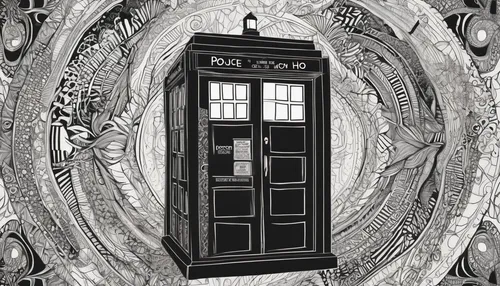 tardis,dr who,telephone booth,phone booth,doctor who,metallic door,the door,payphone,iron door,doors,old door,dartboard,doorway,time machine,steel door,revolving door,the eleventh hour,porthole,the doctor,time travel,Illustration,Black and White,Black and White 11