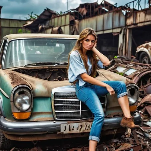 girl and car,fordlandia,scrap car,opel record,old abandoned car,scrapyard,abandoned car,lada,opel,scrappage,scrapped car,opel captain,simca,moskvich,zastava,ford taunus,salvage yard,mercedes 180,junkyard,junkyards