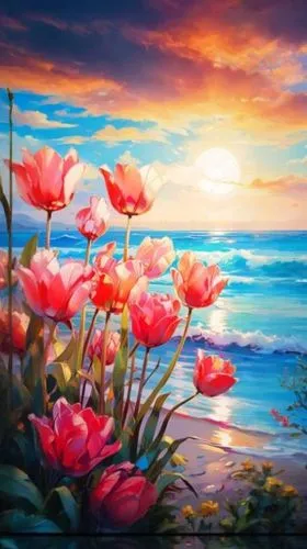 flower painting,flower in sunset,splendor of flowers,flower background,landscape background,springtime background,flower art,sea of flowers,tulip background,colorful background,art painting,pink tulips,sea landscape,splendid colors,watercolor background,spring background,spring morning,landscape rose,floral background,dmitriev