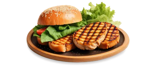 grilled chicken, BBQ theme, summer outdoor, juicy meat, golden brown skin, savory sauce, crispy edges, tender flesh, lettuce leaves, tomato slices, bread bun, sesame seeds, wooden plate, natural light