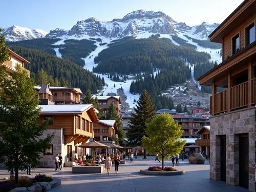 Snow-capped mountains, lush green forests, winding ski trails, eclectic style ski center, wooden chalets, stone walls, vibrant colored roofs, intricately carved wood decorations, rustic metal accents,