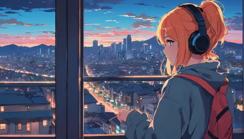 listening to music,listening,city lights,above the city,cityscape,citylights,evening city,headphone,city view,hearing,colorful city,tokyo city,music background,tokyo ¡¡,big city,city ​​portrait,daybreak,honoka,tokyo,music,Illustration,Japanese style,Japanese Style 06