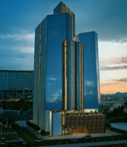 two tall buildings in a city at sunset,rotana,cotai,vdara,ulaanbaatar centre,astana,renaissance tower,Photography,General,Cinematic