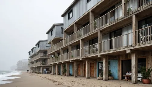 Weathered coastal facade, rustic wooden planks, corrugated metal cladding, ocean-inspired color palette, sandy dunes, sea salt air, misty mornings, dramatic wave crashes, beachside promenade, sturdy p