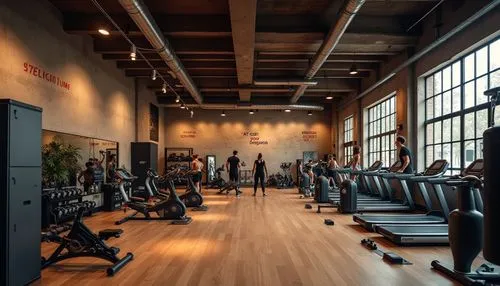 Regionalism style fitness club, interior design, plaster material walls, textured finish, earthy tone, warm lighting, wooden floorboards, steel beams, exposed ductwork, industrial chic decor, motivati