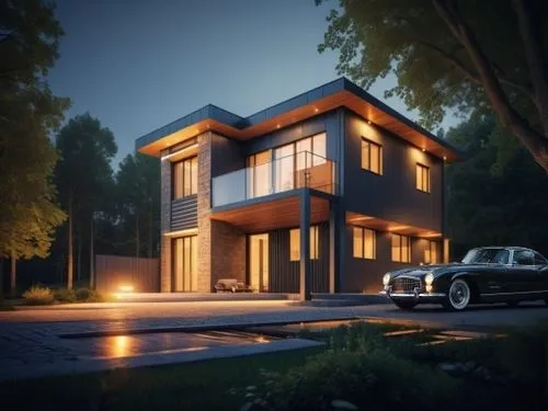 parked luxury car front view,3d rendering,modern house,build by mirza golam pir,render,modern architecture,smart home,crown render,residential house,contemporary,house purchase,floorplan home,frame ho