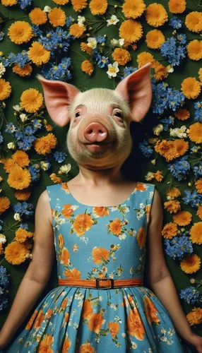 domestic pig,pig,swine,wool pig,anthropomorphized animals,suckling pig,kawaii pig,piglet,lardon,porker,flower animal,a girl in a dress,head cheese,pork,mortadella,cloves schwindl inge,piggy,pot-bellied pig,oil on canvas,pig roast,Photography,Documentary Photography,Documentary Photography 06