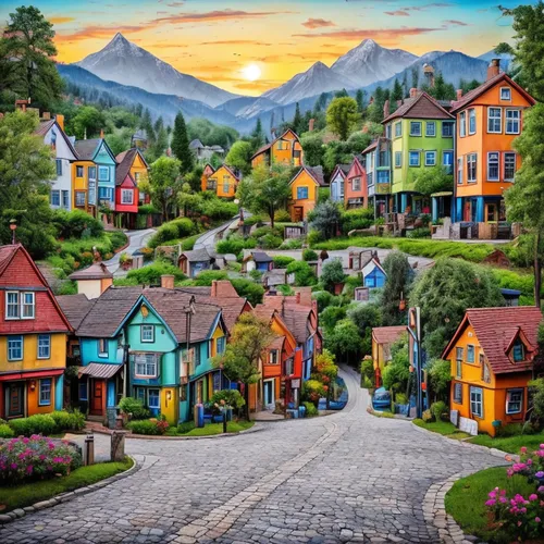 Large houses!
1. "Exploring the vibrant hues of this picturesque town 🎨🏡 Nature's beauty intertwined with colorful houses and lush trees. #ColorfulTown #NatureInspired #ArtisticVibes"

2. "Immerse y