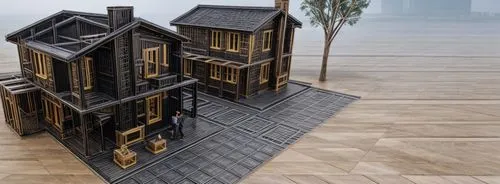 black golden race car,model house,miniature house,3d rendering,cube stilt houses,wooden construction,wooden church,dolls houses,medieval architecture,timber house,half-timbered,half-timbered house,lux