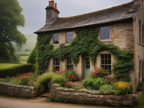 Victorian era, small cottage, English countryside, stone walls, slate roofs, wooden doors, ornate windows, flower-filled window boxes, ivy climbing up walls, chimney smoke rising, morning mist, rural 