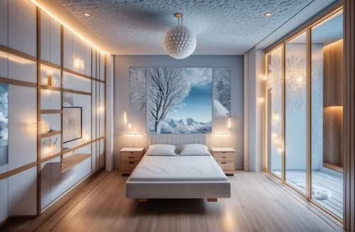 Magical winter scene bedroom, snowy winter wonderland style, snowy winter, hotel interior bedroom, Hyper realistic photo, modern, snow flakes on wall, whitewashed wall, Warm color tone, large window, 