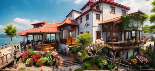 seaside resort,stilt houses,house by the water,wooden houses,resort town,holiday villa,stilt house,hanging houses,popeye village,houseboat,house of the sea,resort,beach resort,tropical house,floating 