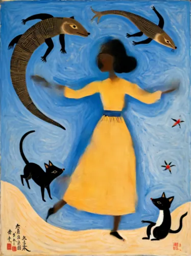 khokhloma painting,crocodile woman,woman playing,folk art,animals hunting,indigenous painting,celebration of witches,cd cover,cienaga de zapata,girl with a dolphin,girl with dog,cats playing,carol col