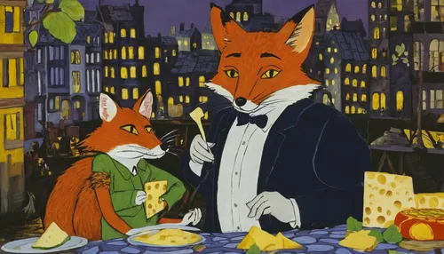 Imagine a hilarious scenario where Mr. Fox tries to outsmart a rat who is obsessed with cheese in a bustling city.,fox and hare,foxes,garden-fox tail,fox hunting,child fox,pappa al pomodoro,fox,courts