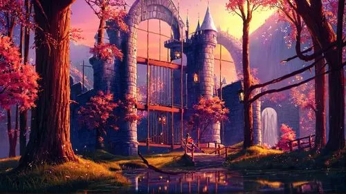 a scenic painting that resembles a castle or soing,fantasy landscape,fantasy picture,fairy tale castle,enchanted forest,fairy forest,fantasy art,Conceptual Art,Fantasy,Fantasy 21