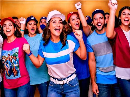 Excited crowd, diverse faces, happy expressions, arms raised, fists pumping, colorful shirts, casual wear, jeans, sneakers, baseball caps, smiling faces, open mouths, joyful atmosphere, warm lighting,