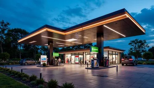 Modern gas station, sleek metal canopy, neon LED lights, futuristic architecture, angular lines, minimalist design, digital signage, high-resolution displays, interactive kiosks, touchless payment sys